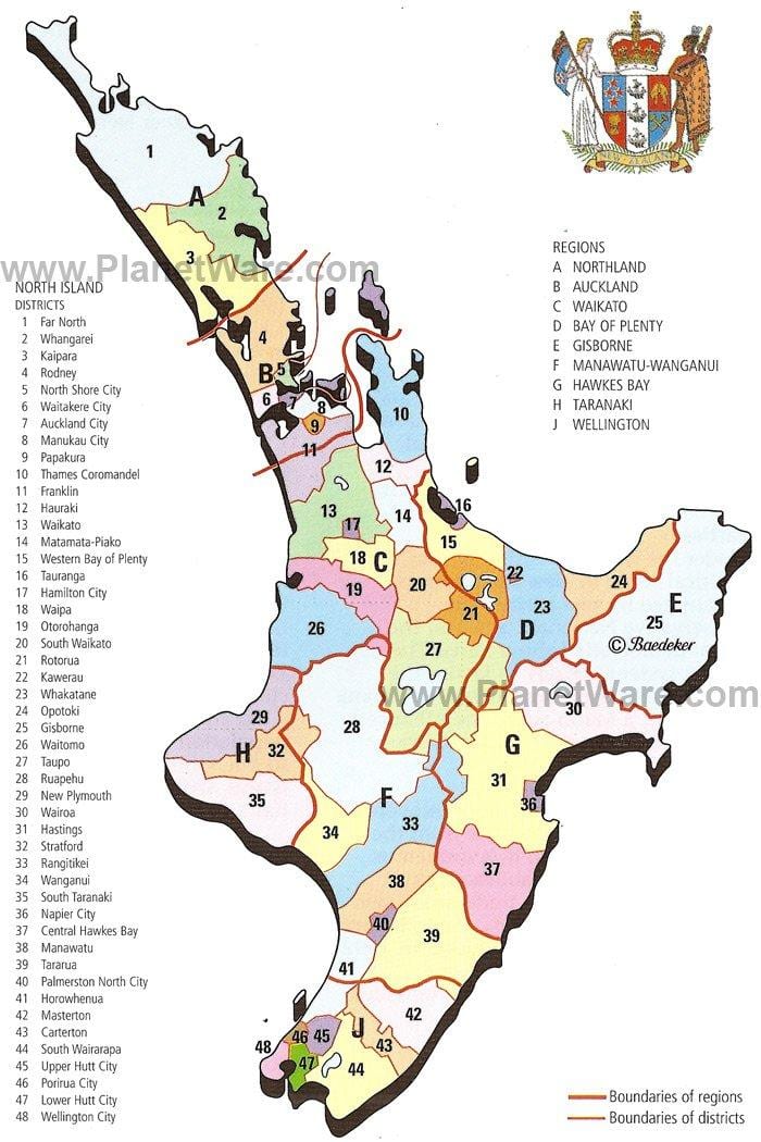 வரைபடம் நியூசிலாந்து வடக்கு தீவு பகுதிகள் மற்றும் மாவட்டங்களில்